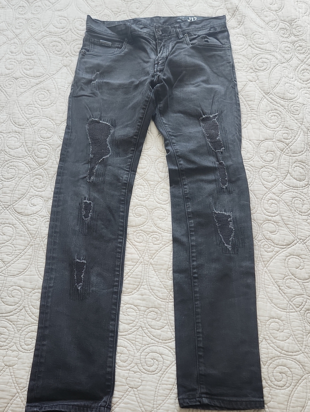 Men's Armani Exchange  Black Distressed Slim Straight Jeans